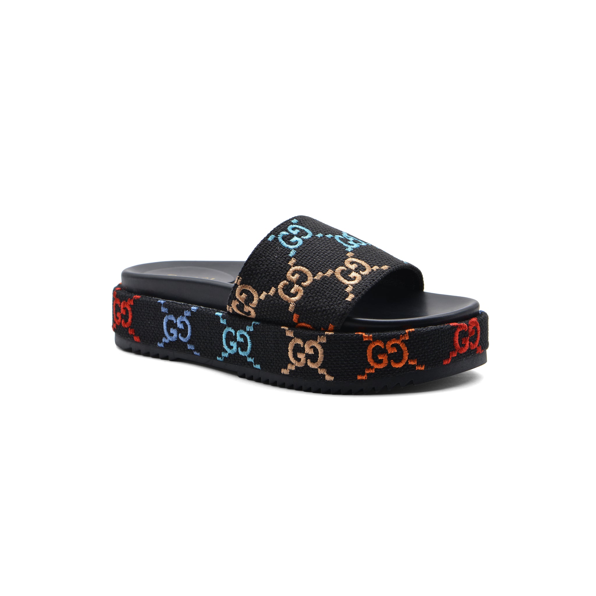 GUCCI Platform Multicolor logo print canvas slides Woman 2020-G5 Black