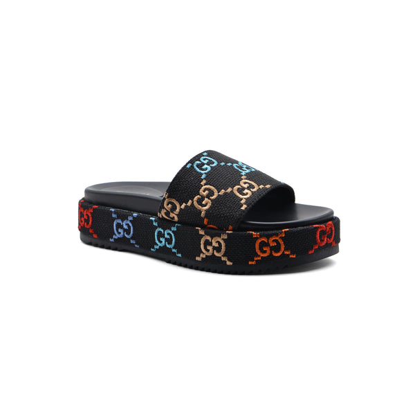 GUCCI Platform Multicolor logo print canvas slides Woman 2020-G5 Black