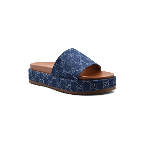 Gucci New Denim GG Monogram Angelina Platform Slide Woman 2020 Blue