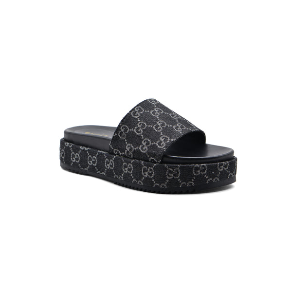 Gucci New Denim GG Monogram Angelina Platform Slide Woman 2020 Black