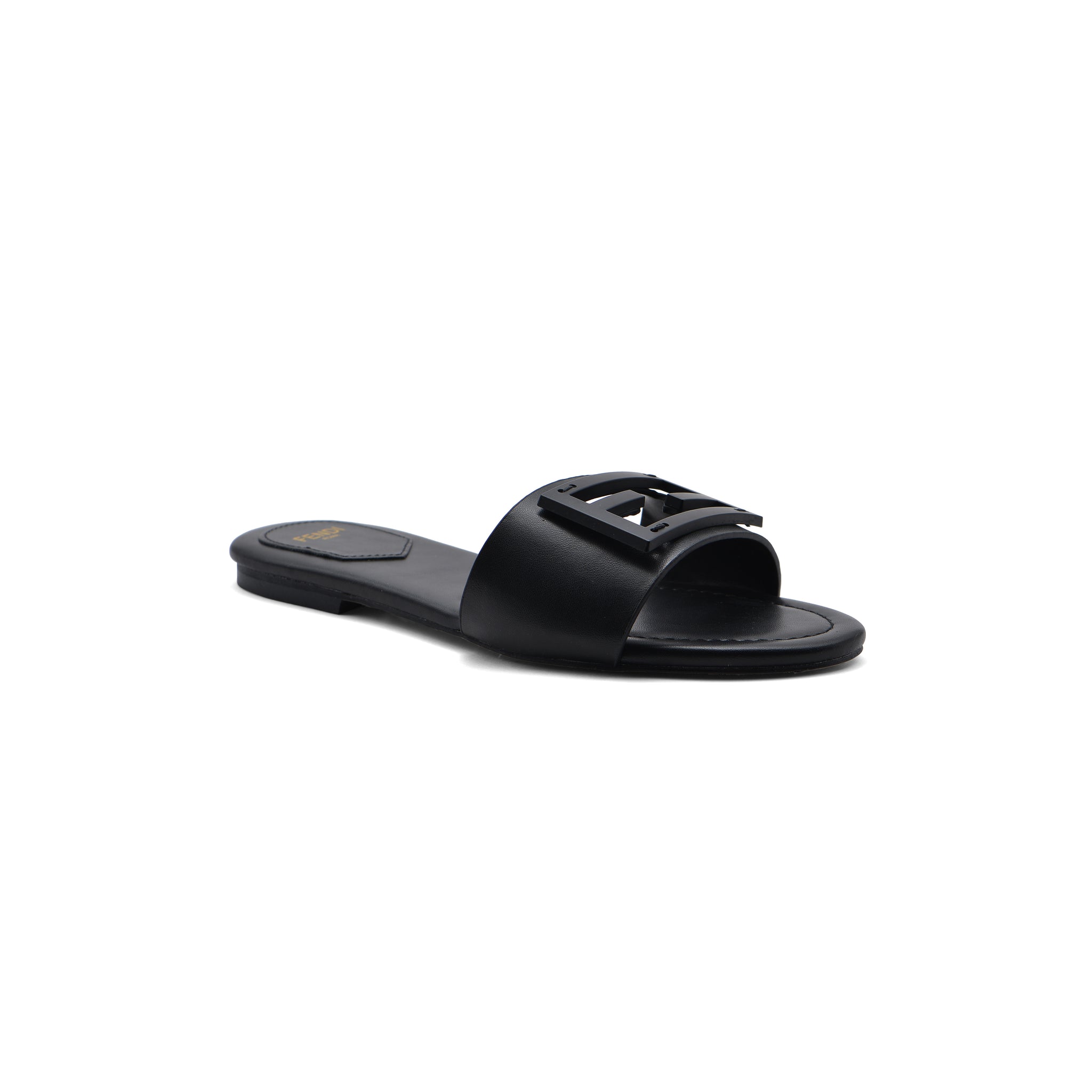 Fendi Baguette Cuoio Romano leather Signature Logo Slide Sandal Woman 1892-1 Black
