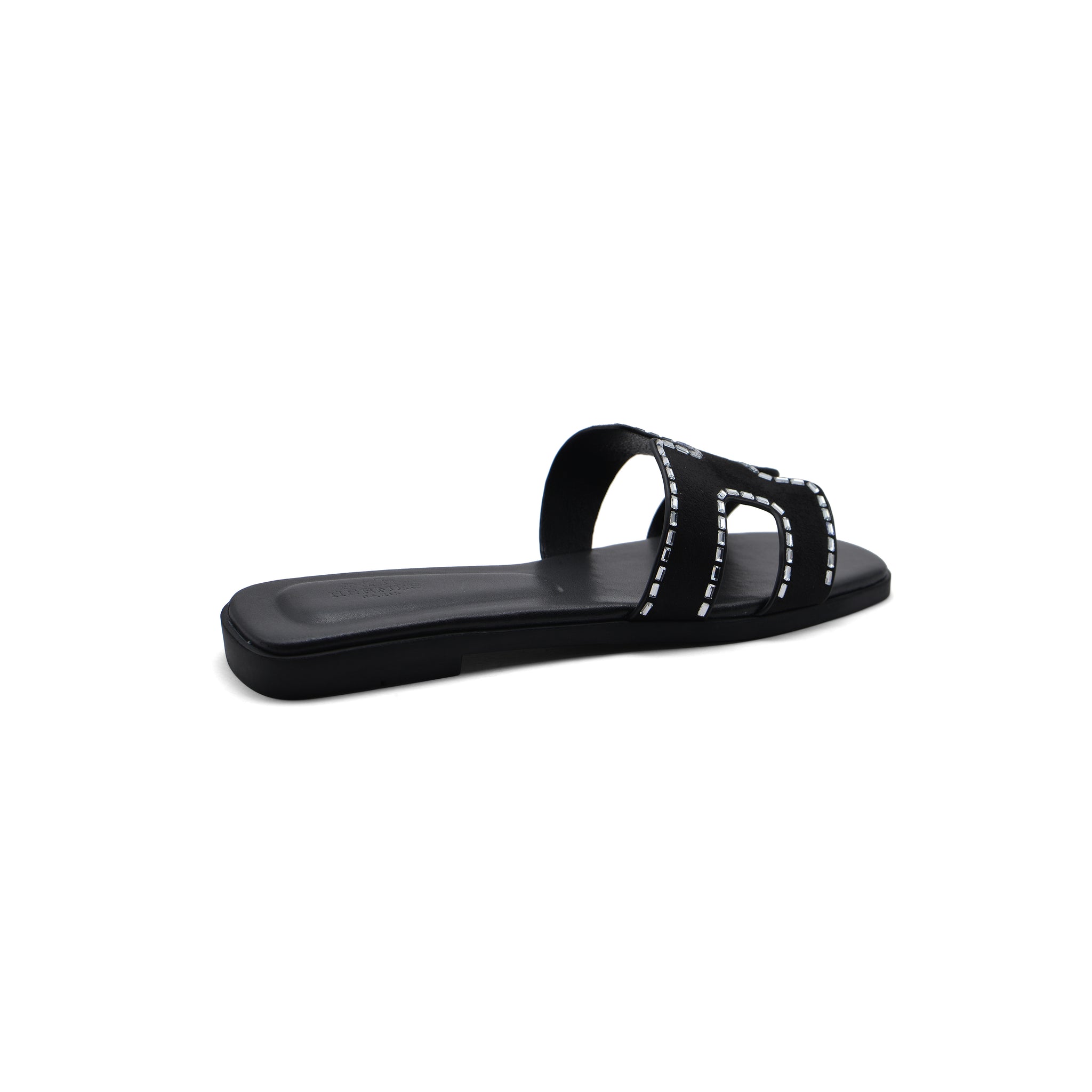 Hermes Calfskin Crystal Embellished Oran Sandals Woman H38-13 Black