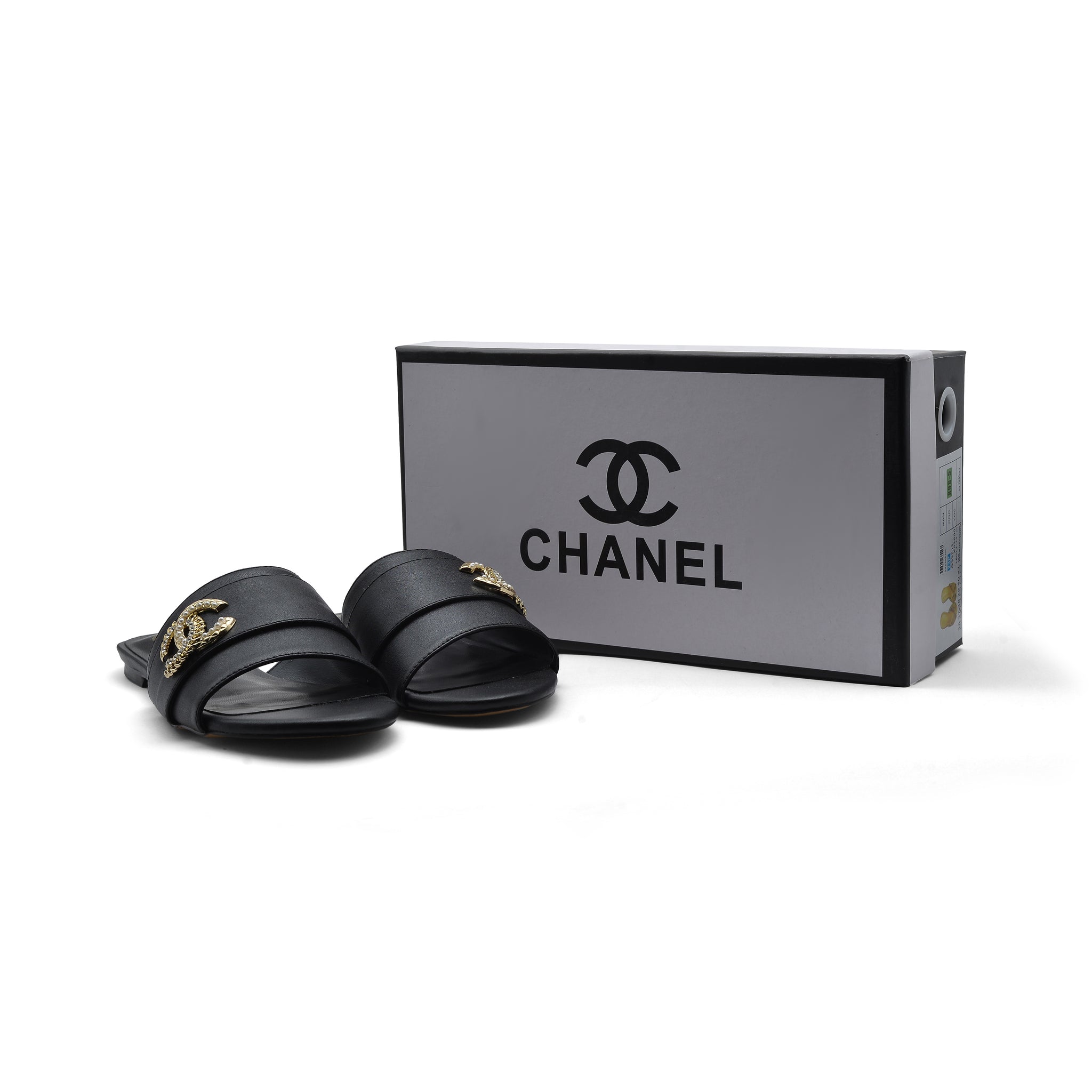 Chanel Leather Pearl Crystal CC Logo Slide Mules Ivory Slipper Woman 51156 Black