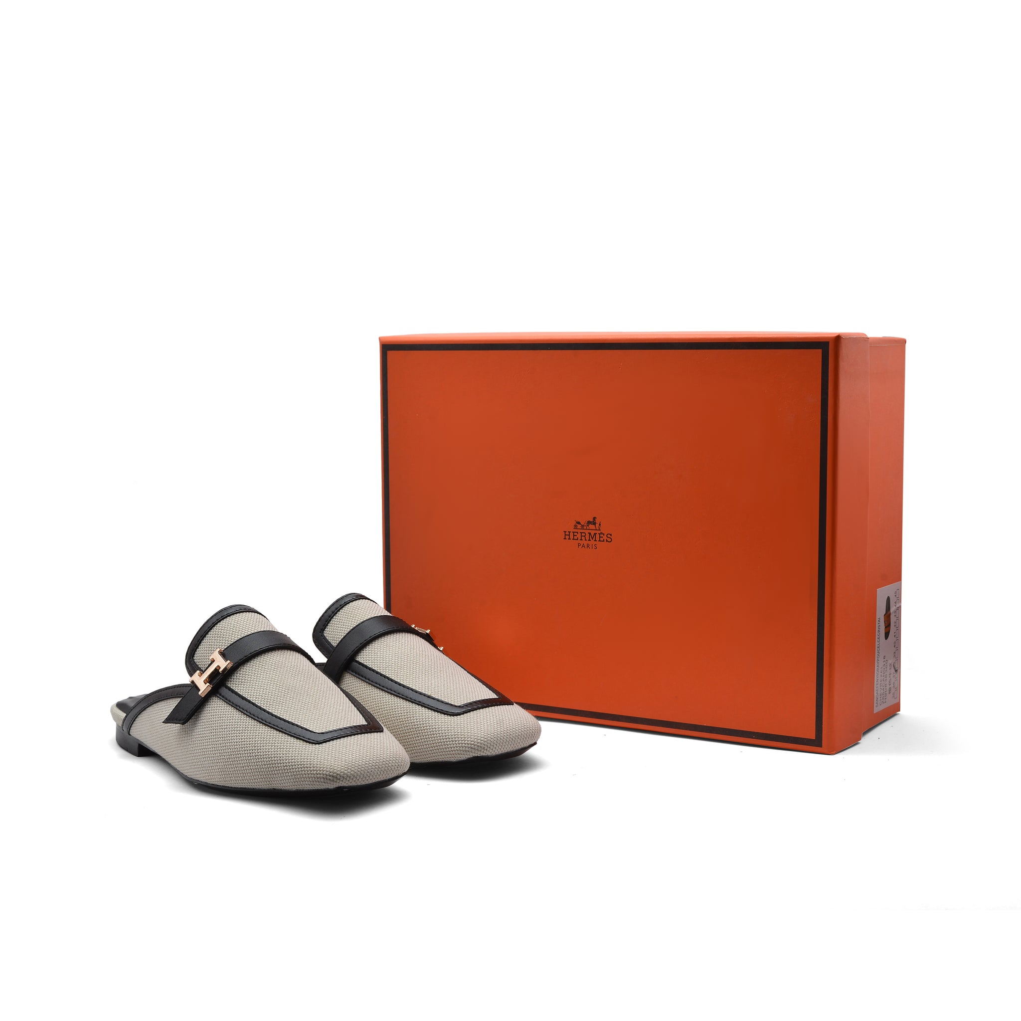 Hermès Groupie H Logo Mules Flats Slipper Woman H66-1 Off White&Black