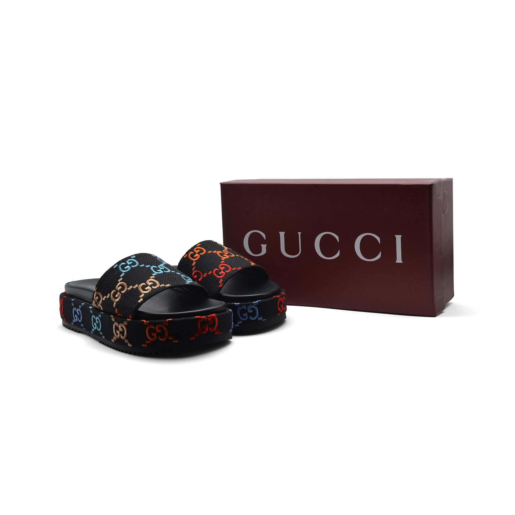 GUCCI Platform Multicolor logo print canvas slides Woman 2020-G5 Black