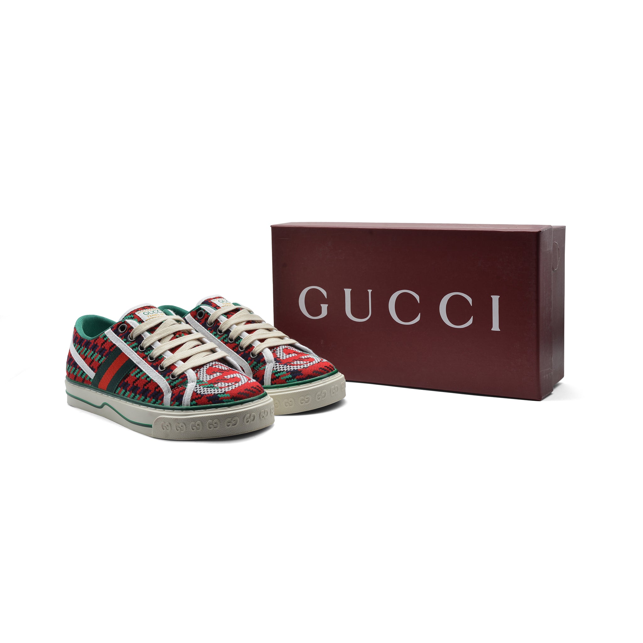 Gucci Cotton Wool Web Houndstooth Interlockin Sneakers Woman GG-1 Red