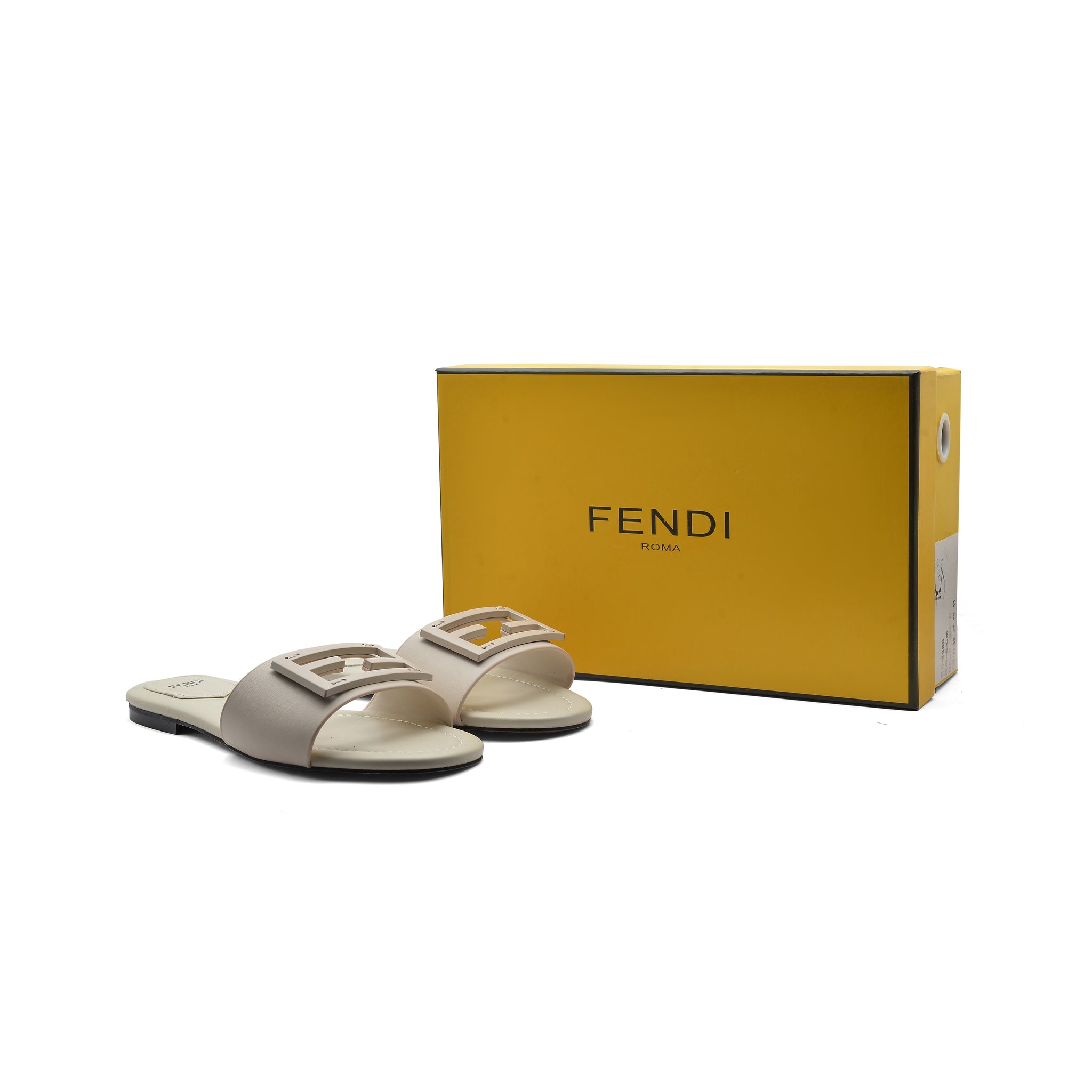 Fendi Baguette Cuoio Romano leather Signature Logo Slide Sandal Woman 1892-1 Beige