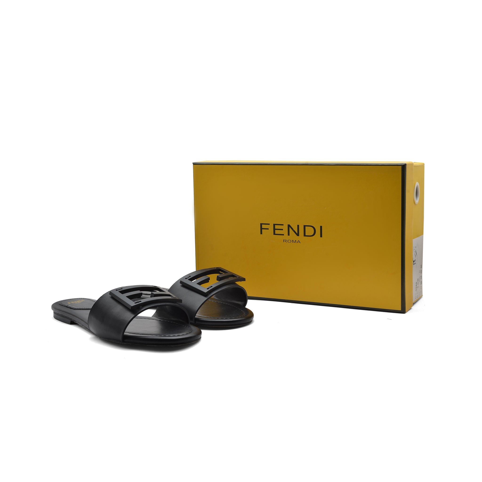 Fendi Baguette Cuoio Romano leather Signature Logo Slide Sandal Woman 1892-1 Black