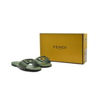 Fendi Baguette Cuoio Romano leather Signature Logo Slide Sandal Woman 1892-1 Green