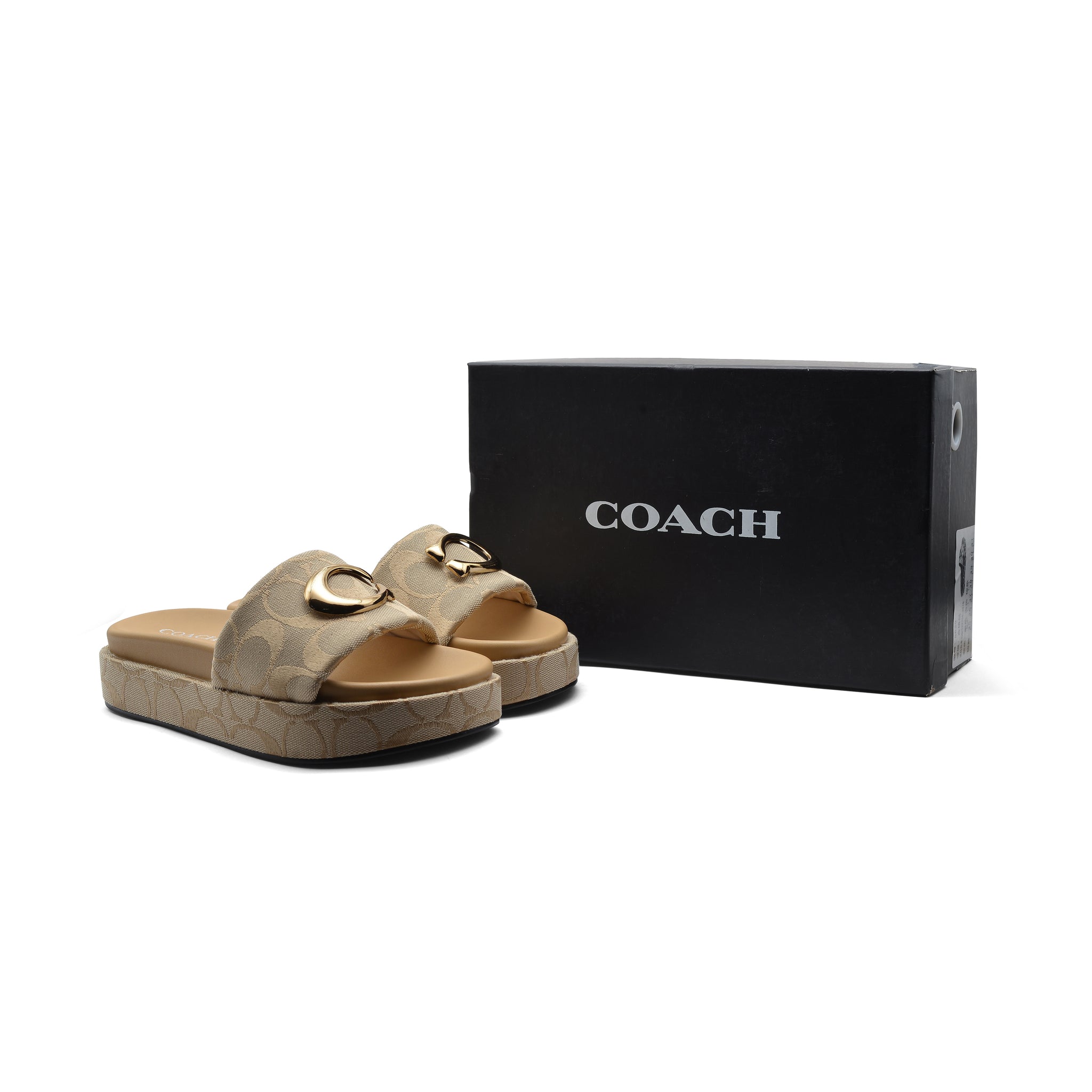 Coach Brand Thick Soled Slippers Logo Print Sandals Leather Women 8109 Beige