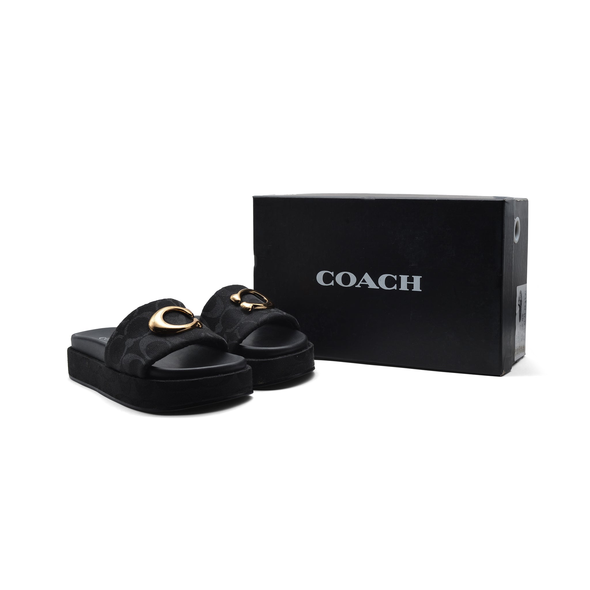 Coach Brand Thick Soled Slippers Logo Print Sandals Leather Women 8109 Black