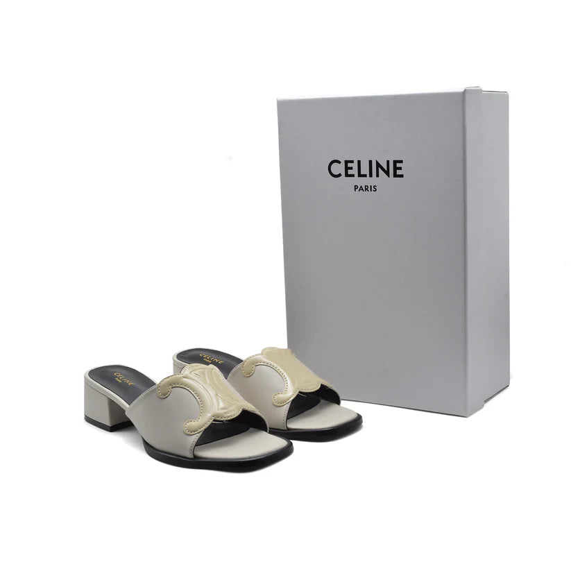 Celine Emblem Block Heel Leather Mule In Woman A2156 Beige