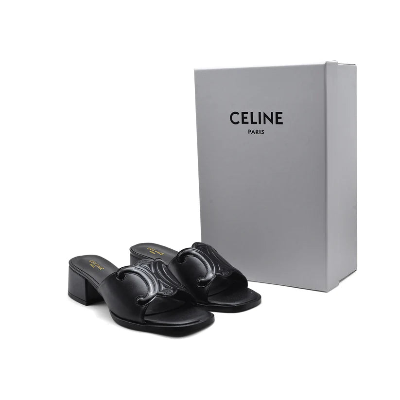 Celine Emblem Block Heel Leather Mule In Woman A2156 Black