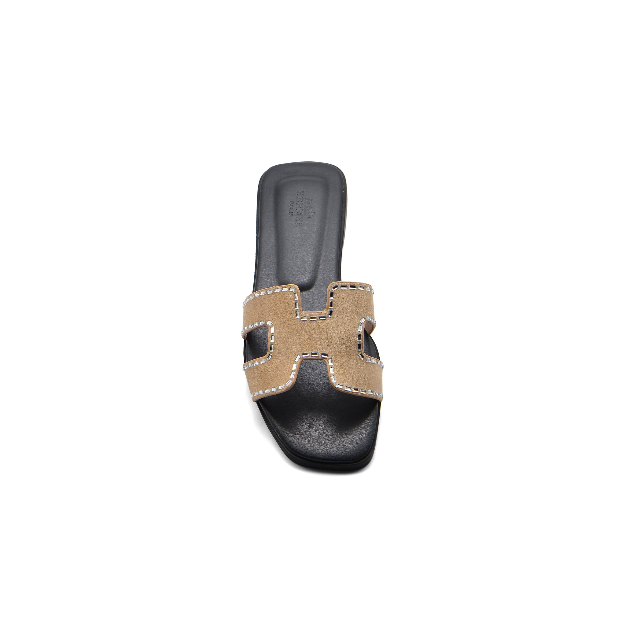 Hermes Calfskin Crystal Embellished Oran Sandals Woman H38-13 Beige