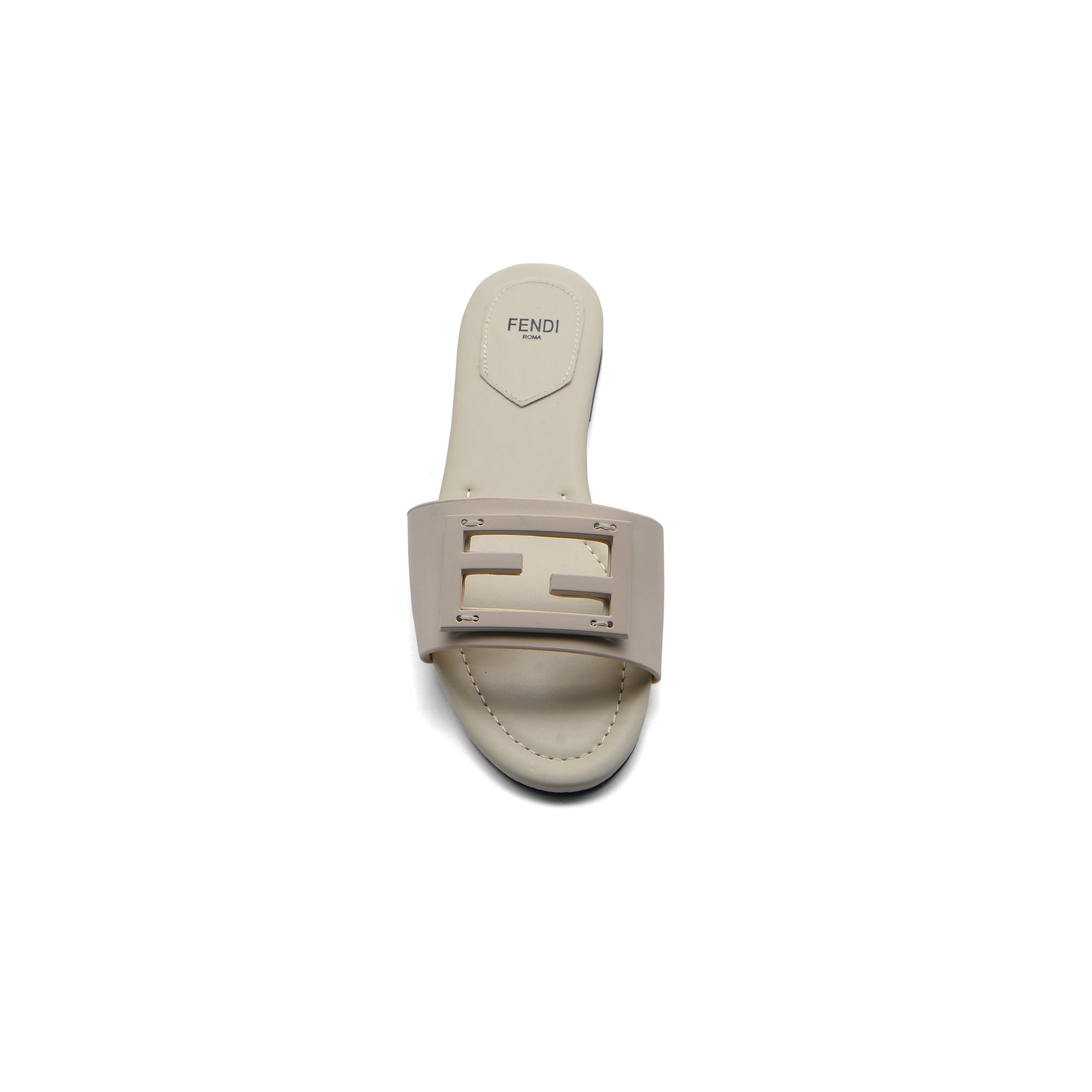 Fendi Baguette Cuoio Romano leather Signature Logo Slide Sandal Woman 1892-1 Beige
