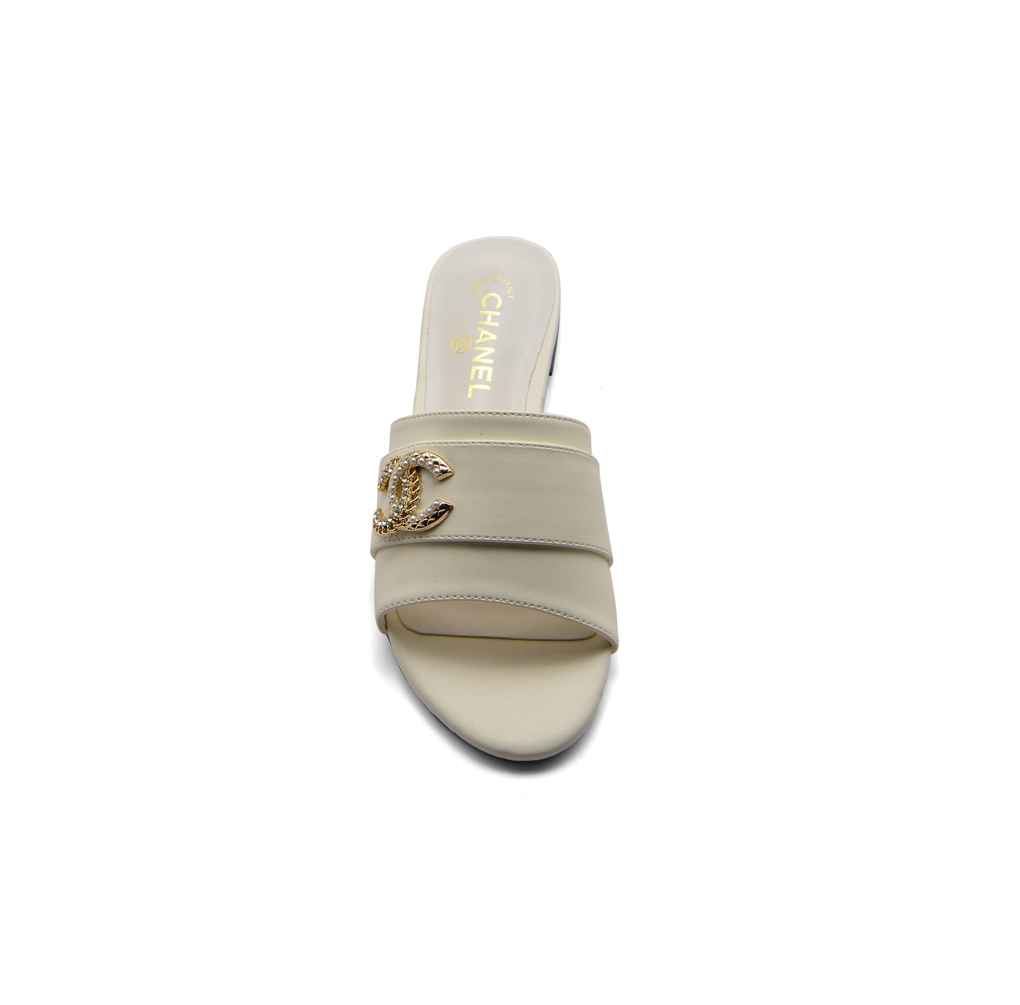 Chanel Leather Pearl Crystal CC Logo Slide Mules Ivory Slipper Woman 51156 White