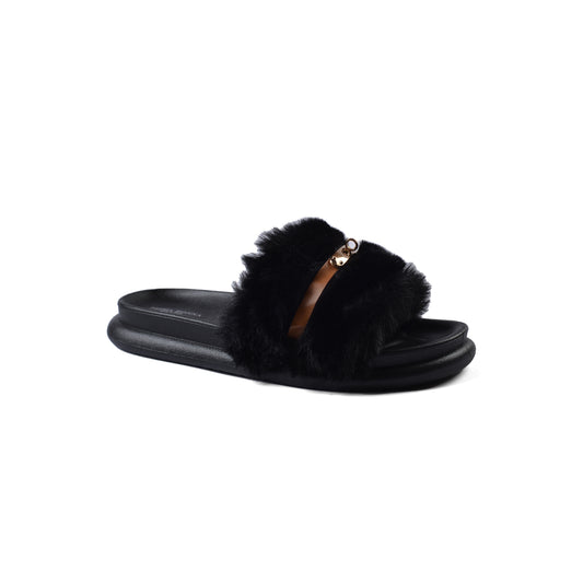 Slipper Flat Open Back Loafer Fur Luxury Woman FUR-5 Black