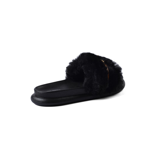 Slipper Flat Open Back Loafer Fur Luxury Woman FUR-5 Black