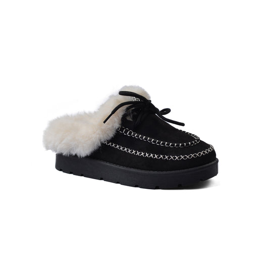 Slipper Double Flat Open Back Loafer Fur Luxury Woman VI-171 Black