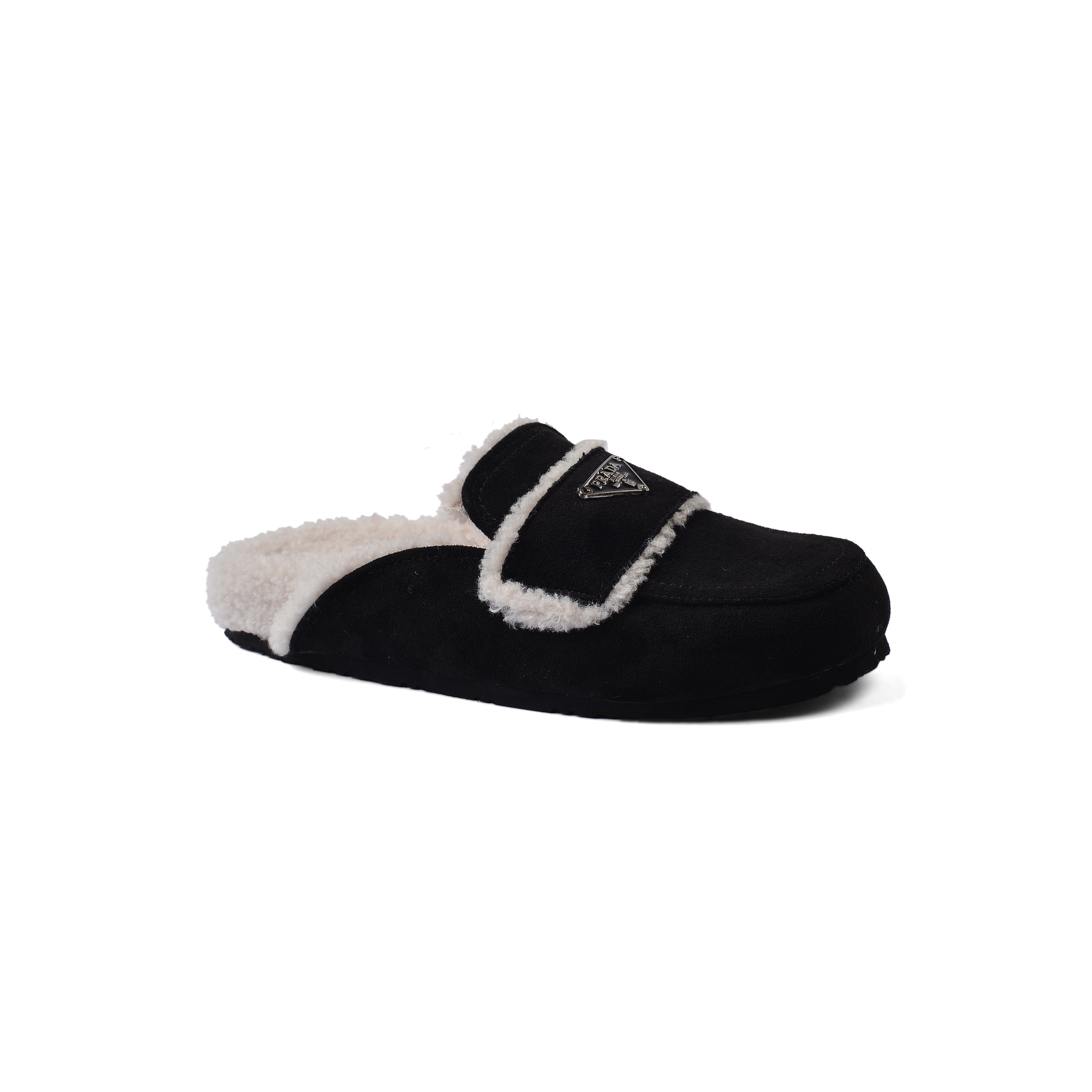 PRADA Flat Open Back Loafer Fur Slipper Luxury Woman VK-112 Black
