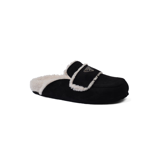 PRADA Flat Open Back Loafer Fur Slipper Luxury Woman VK-112 Black