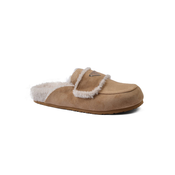 PRADA Flat Open Back Loafer Fur Slipper Luxury Woman VK-112 Beige