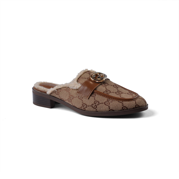 Gucci Flat Open Back Loafer Fur Slipper Luxury Woman VI-177 Camel