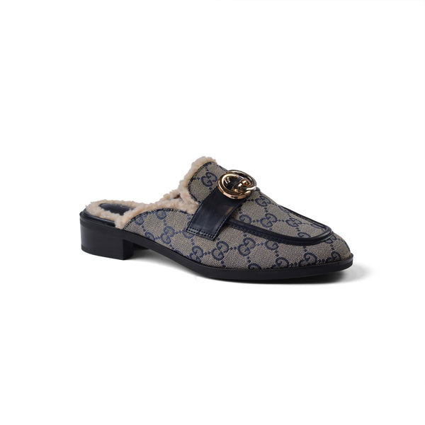 Gucci Flat Open Back Loafer Fur Slipper Luxury Woman VI-177 Navy