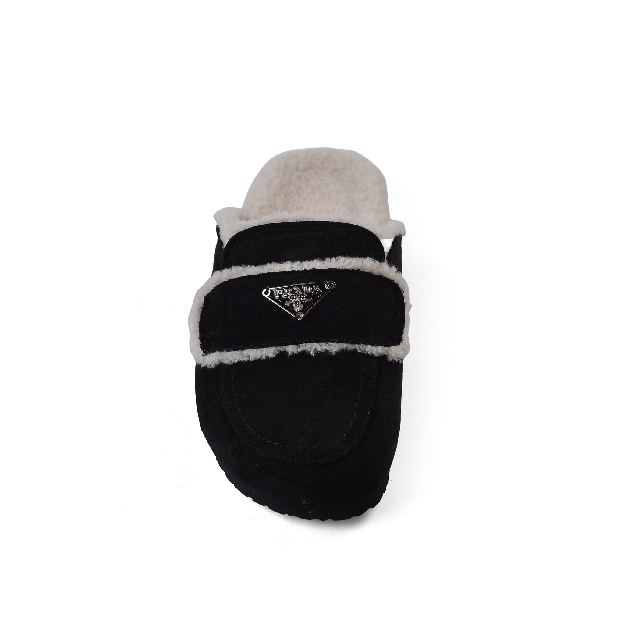 PRADA Flat Open Back Loafer Fur Slipper Luxury Woman VK-112 Black