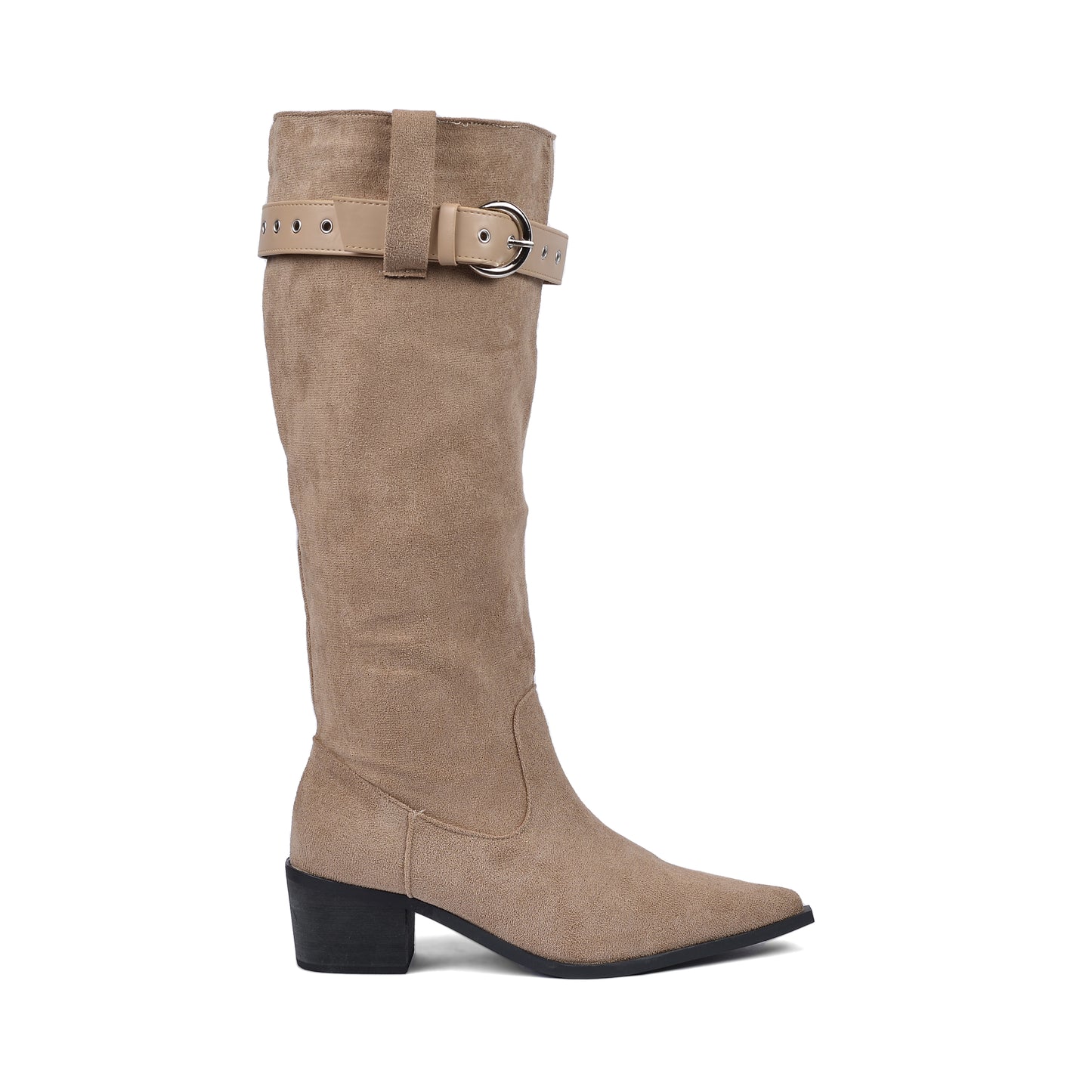 High Quality knee high boots made of suede with a low heel easy to wear equipped with a buckle DA09 Beige