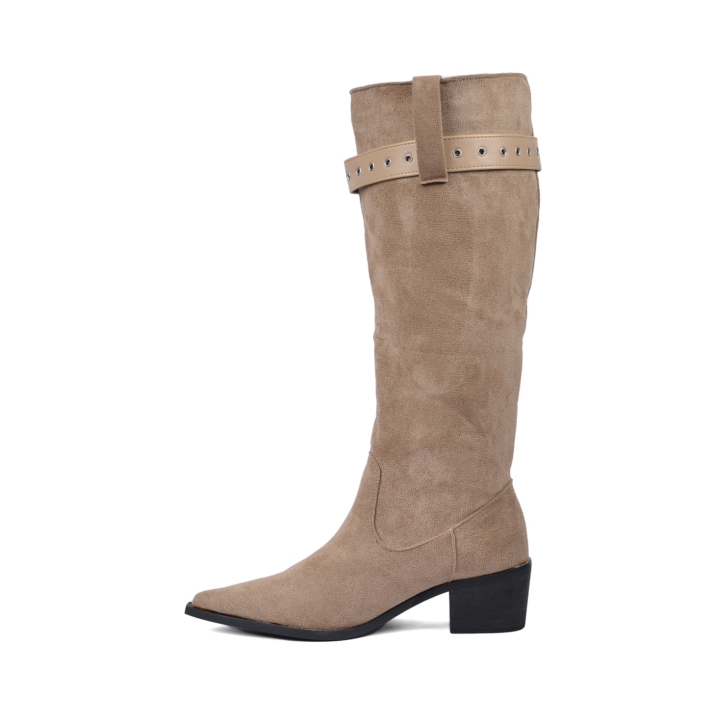High Quality knee high boots made of suede with a low heel easy to wear equipped with a buckle DA09 Beige