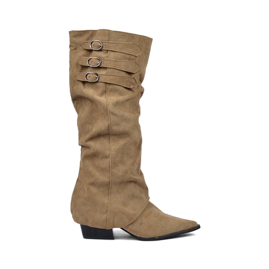 High Quality knee high boots made of suede with a low heel easy to wear equipped with a buckle D2988 Khaki