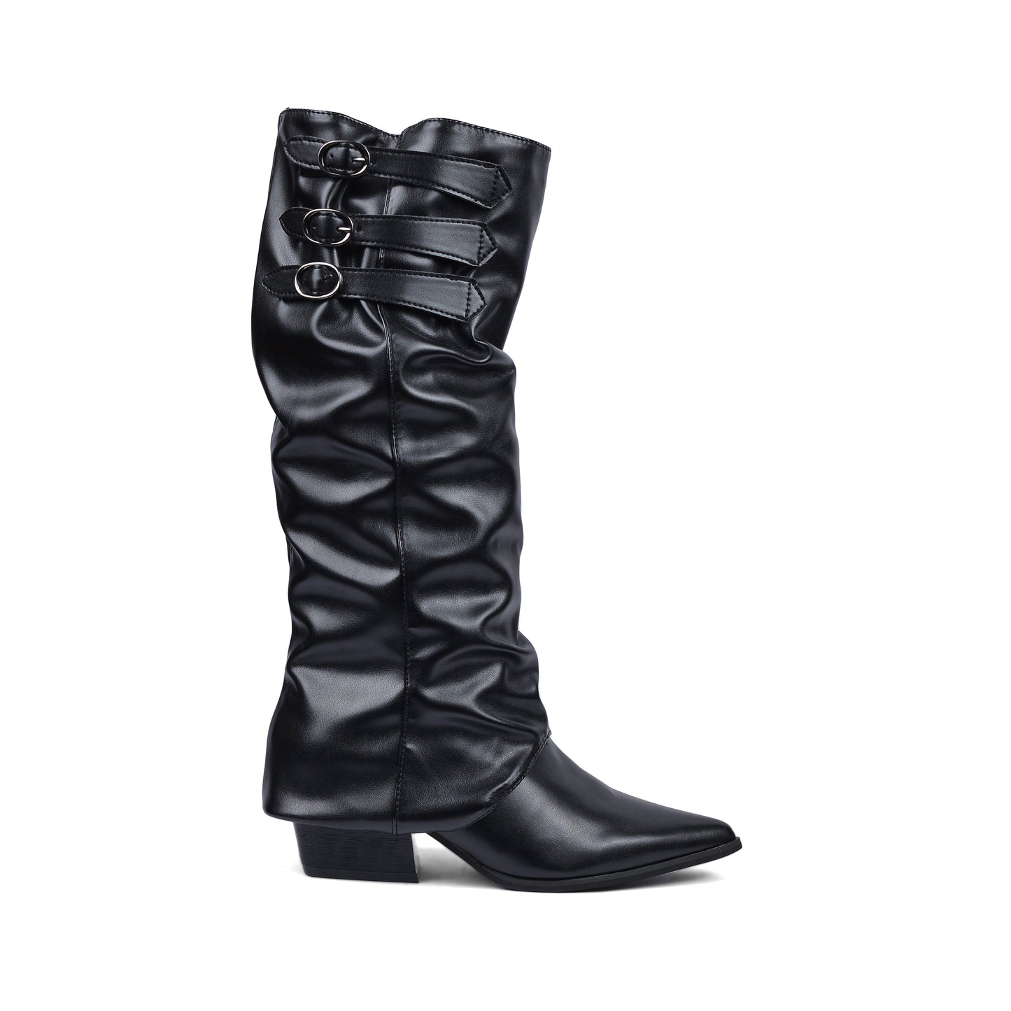 High Quality knee high boots made of suede with a low heel easy to wear equipped with a buckle D2988 Black