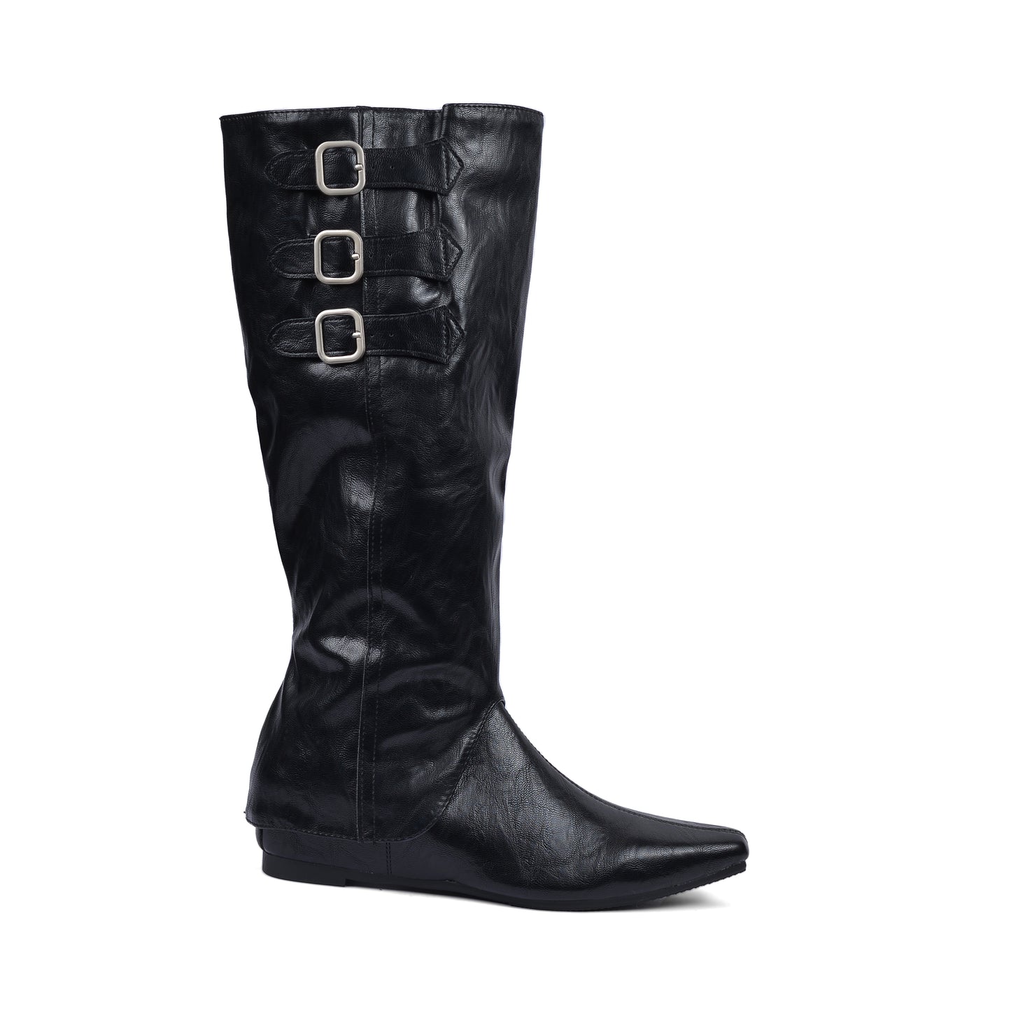 High Quality knee high boots made of suede with a low heel easy to wear equipped with a buckle QQ1 Black
