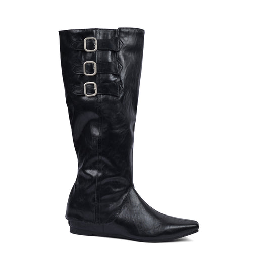 High Quality knee high boots made of suede with a low heel easy to wear equipped with a buckle QQ1 Black