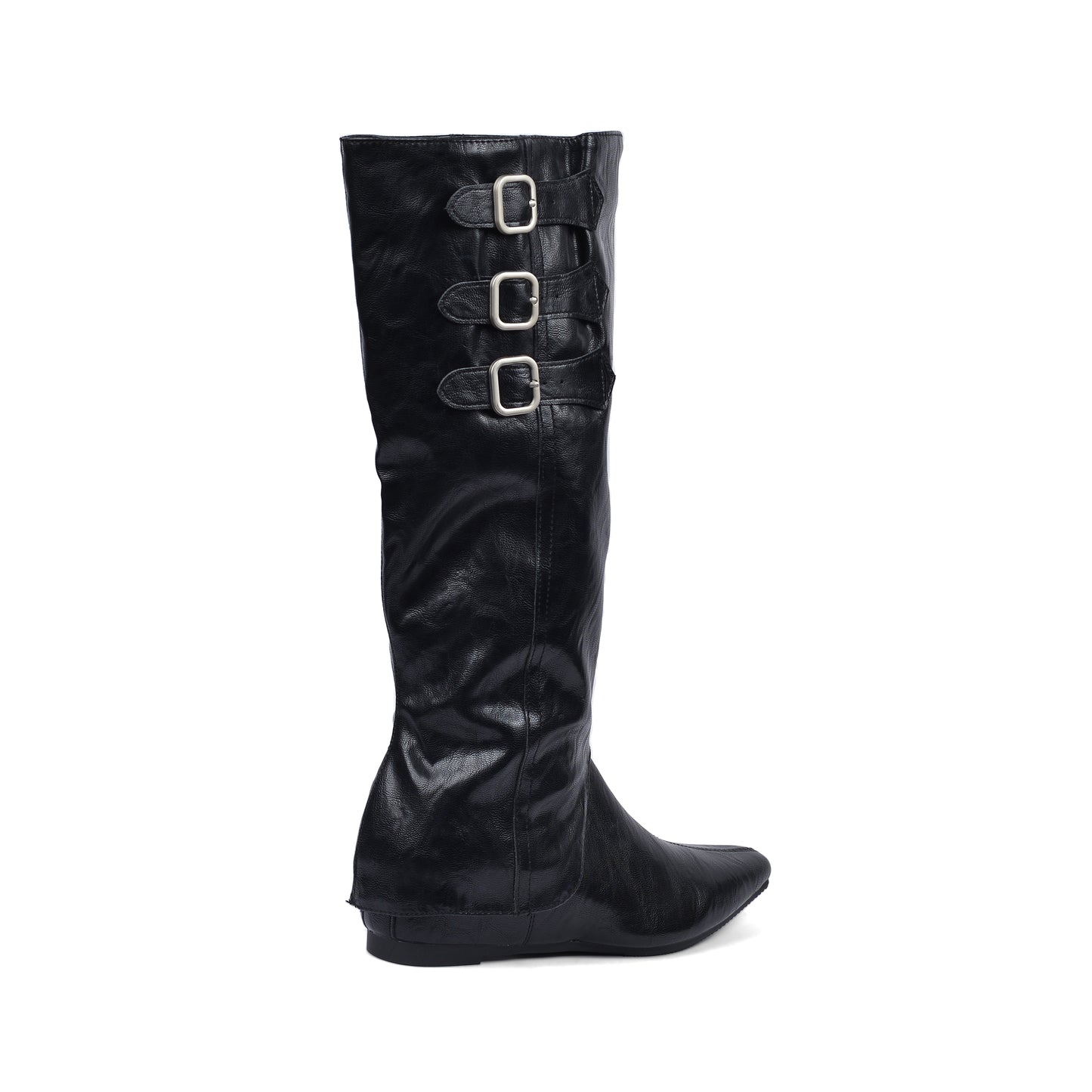 High Quality knee high boots made of suede with a low heel easy to wear equipped with a buckle QQ1 Black