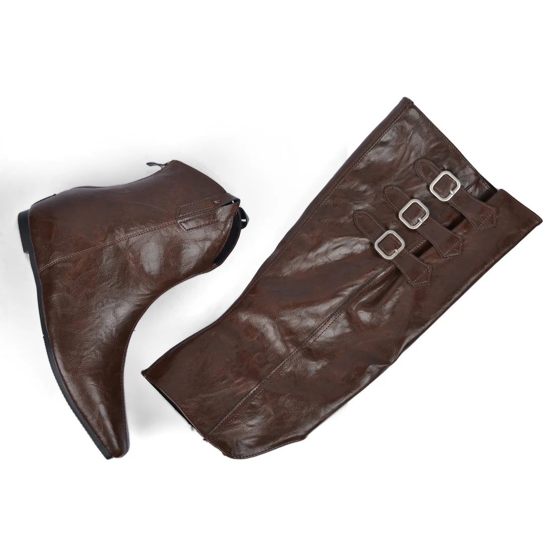 High Quality knee high boots made of suede with a low heel easy to wear equipped with a buckle QQ1 Brown