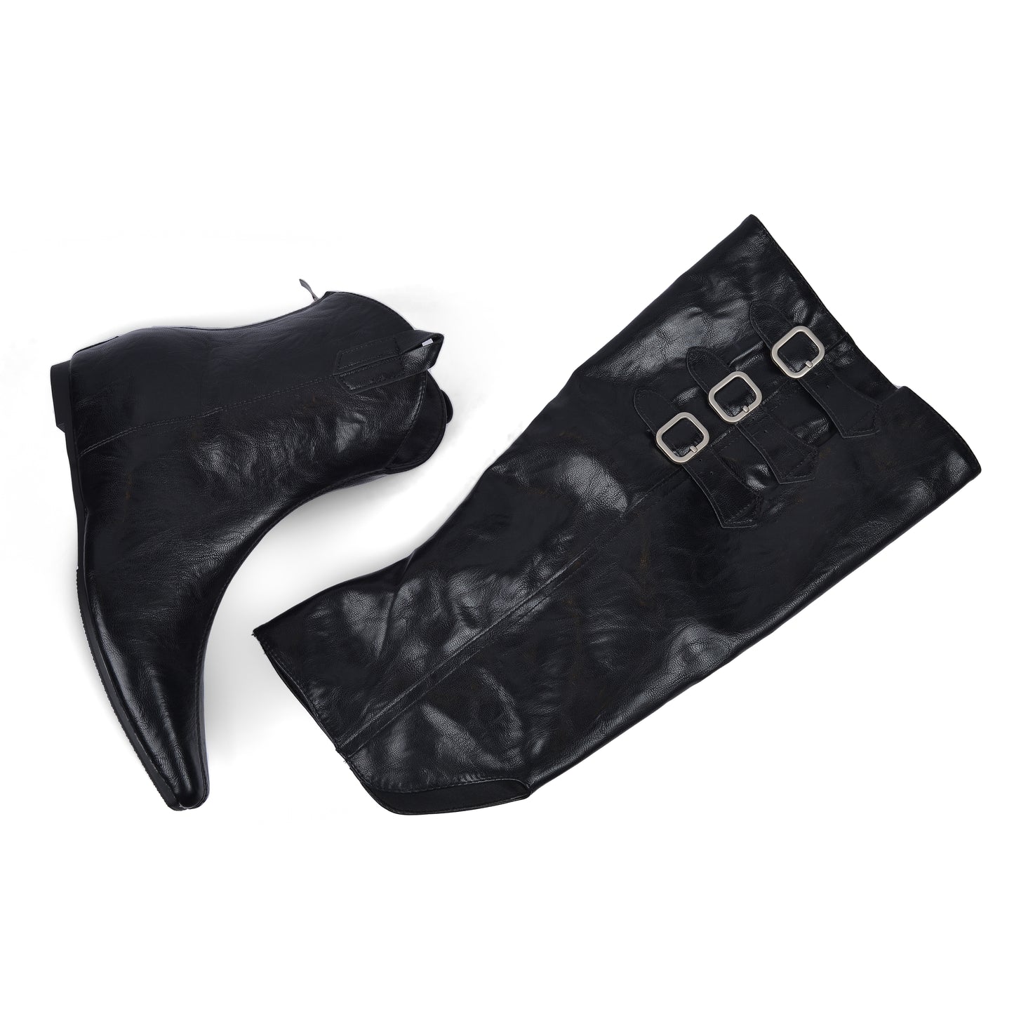 High Quality knee high boots made of suede with a low heel easy to wear equipped with a buckle QQ1 Black