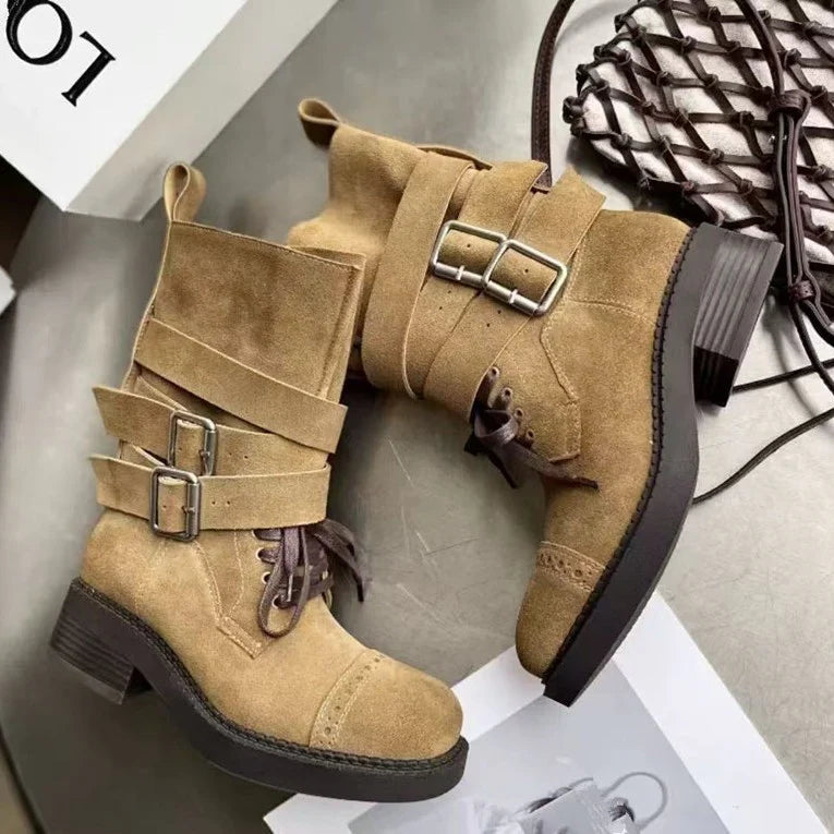 Half Boots High Quality with Buckle Detail belt Suede Woman L101 Khaki