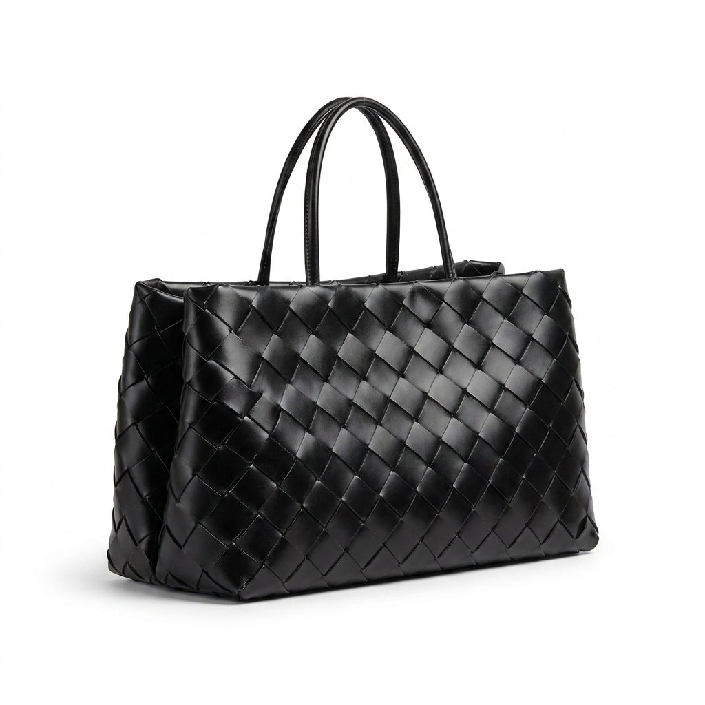 Weaved oil waxed calf leather handle shoulder tote Bag Mirror Length 23 cm - Width 42 cm Woman Y9113 Black