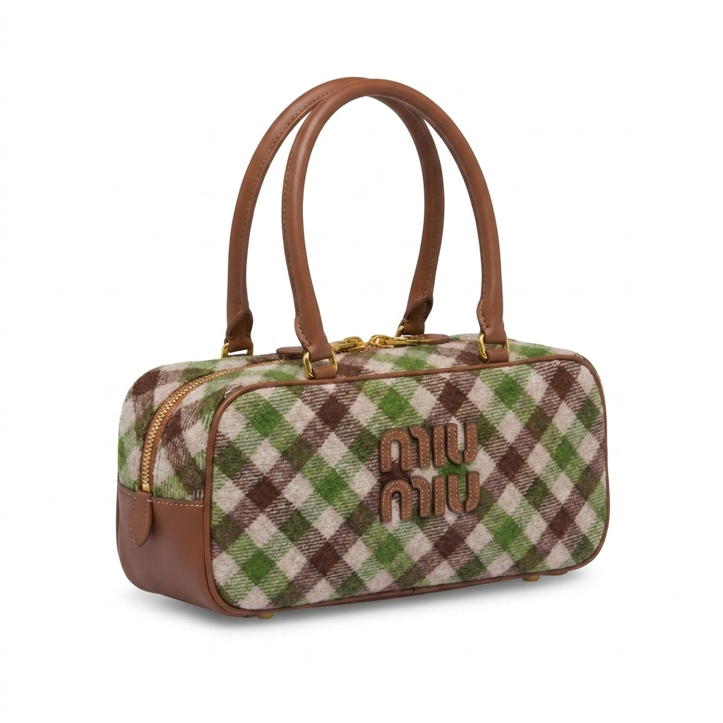 Miu Miu Beau Tartan Small Wool-Blend Top Handle Bag Length 12 cm - Width 27 cm Mirror Woman 2581 Brown