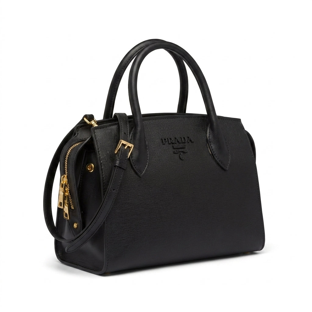 Prada Saffiano Cuir Calfskin Medium Monochrome Length 24 cm - Width 24 cm Mirror Woman 2009 Black