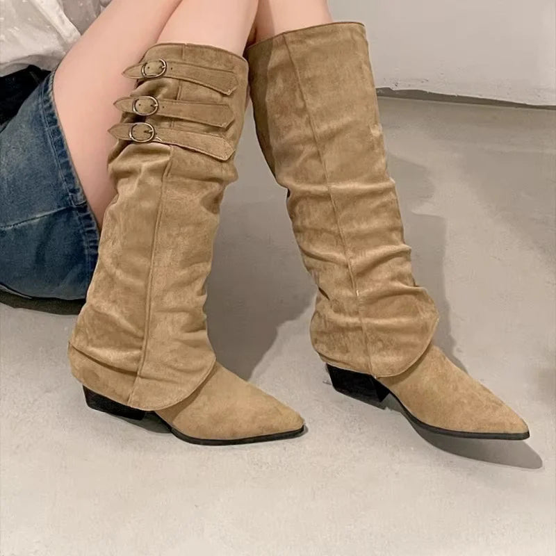 High Quality knee high boots made of suede with a low heel easy to wear equipped with a buckle D2988 Khaki