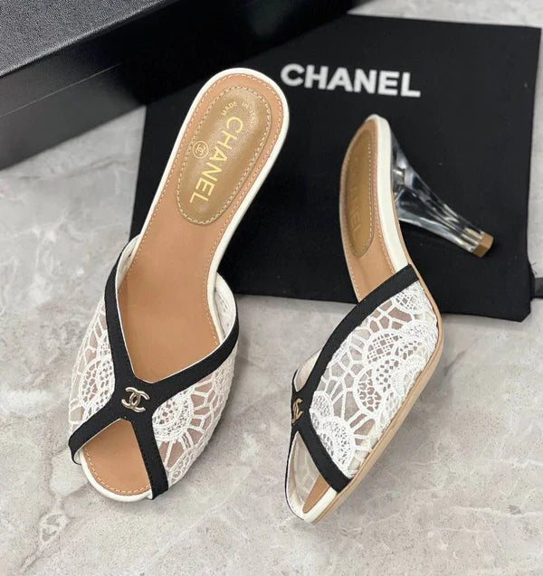 Chanel Designer Slide Chunky Block Heel Sandal with Woman 898-6 White