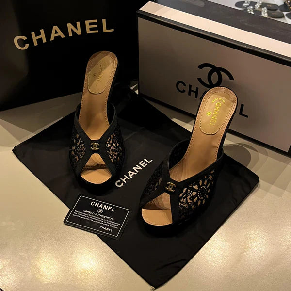 Chanel Designer Slide Chunky Block Heel Sandal with Woman 898-6 Black