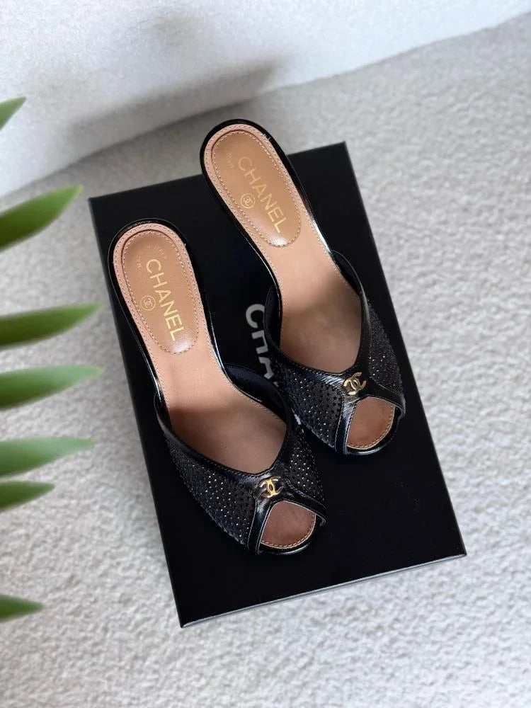 Chanel Crystal Embellished Open Toe Heels With Rhinestones And Clear 898-5 Black