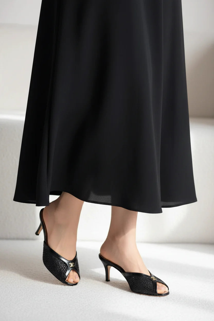 Chanel Crystal Embellished Open Toe Heels With Rhinestones And Clear 898-5 Black