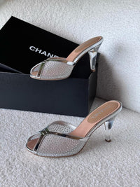 Chanel Crystal Embellished Open Toe Heels With Rhinestones And Clear 898-5 Silver