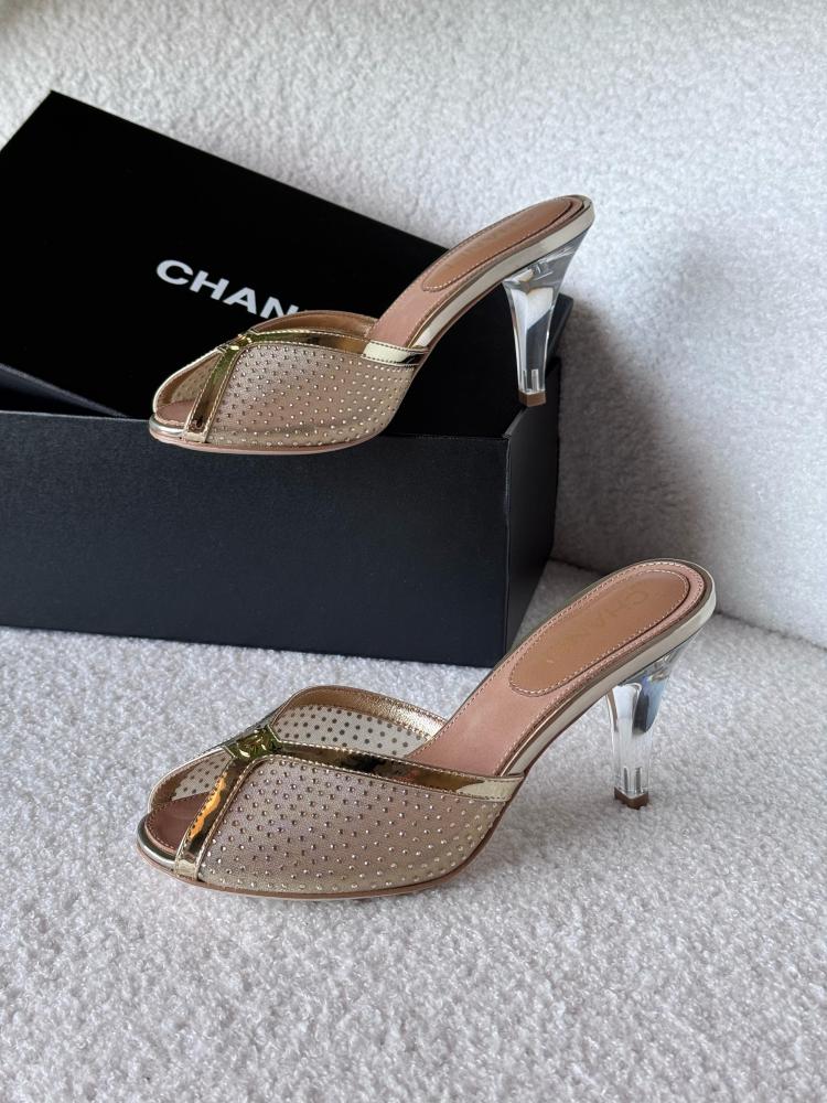 Chanel Crystal Embellished Open Toe Heels With Rhinestones And Clear 898-5 Gold
