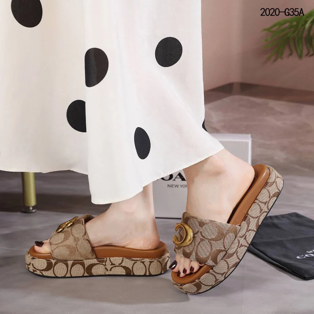 Coach Brand Thick Soled Slippers Logo Print Sandals Leather Women 8109 Brown